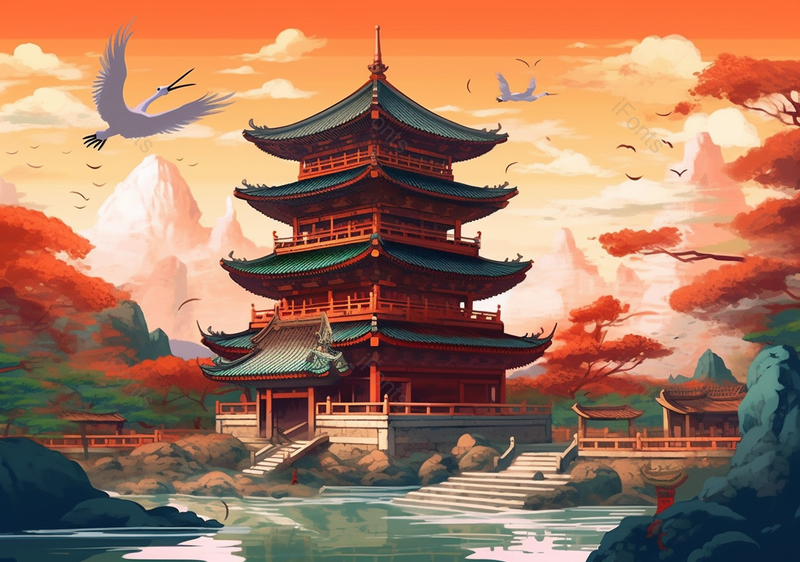楼阁古建筑山水国潮风插画背景,插画/手绘图,插画/手绘图库,插画/手绘图下载,插画/手绘